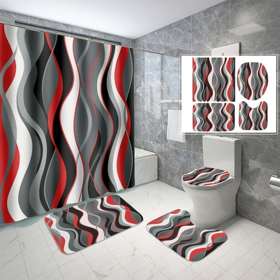 Tiruiarec Marble Water Ripple Pattern 4 Pcs Bathroom Sets with Shower Curtain and Rugs, Bathroom Shower Curtain Sets with Hooks