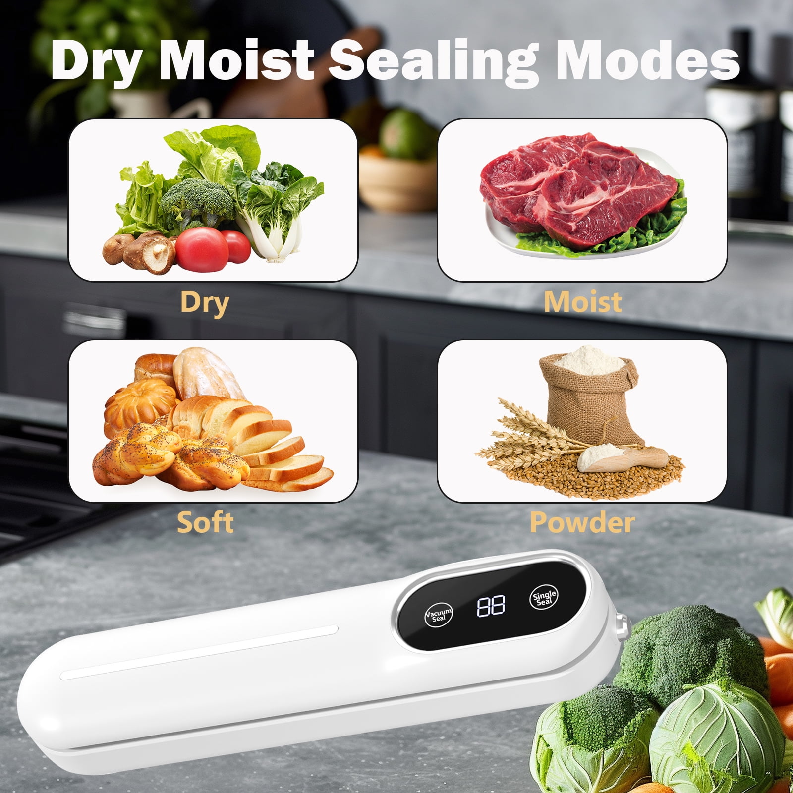 RONY Vacuum Sealing Machine with 10 Bags, 62Kpa Powerful Vacuum Sealer for Food, One-click Sealing Machine with Dry Moist Food Mode