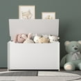 thumbnail image 4 of Wooden Ottoman Storage Chest, SYNGAR Boys and Girls Toy Storage Box with Seating Bench, Safety Hinged Lid & Large Storage Space, Kids Modern Toy Chest, for Playroom, Living Room, Bedroom, White, D6965, 4 of 10