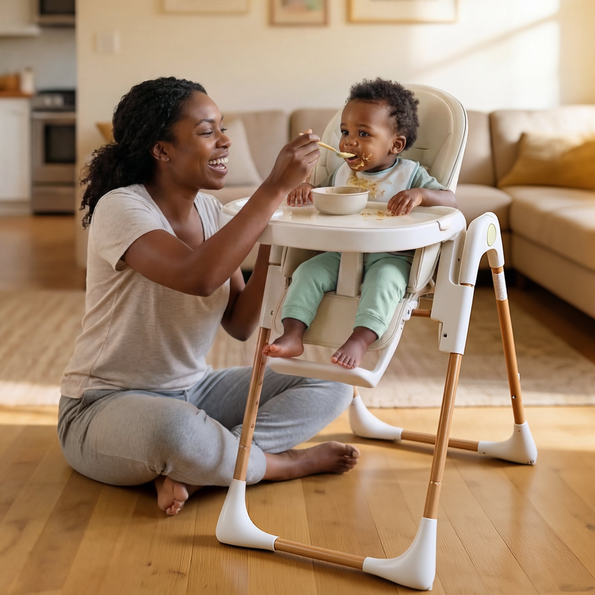 AILEEKISS Foldable High Chair for Baby, Toddler Eating Chair with Detachable Double Trays, Natural Beige