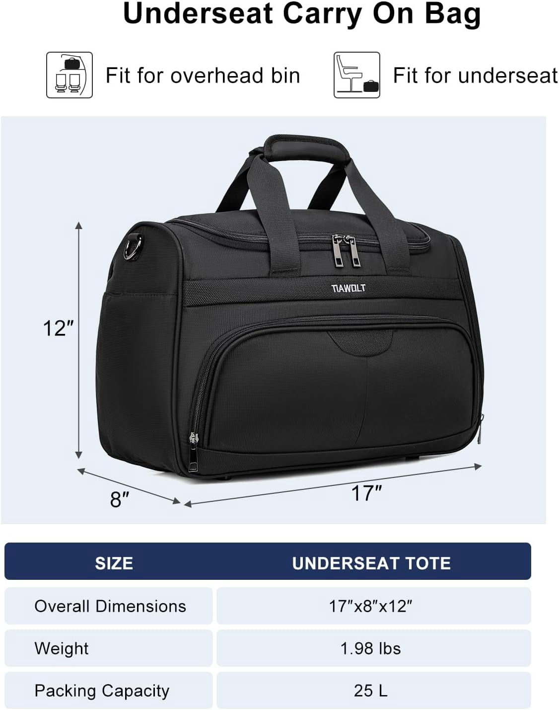 TIAWOLT Underseat Carry On Luggage Lightweight Travel Tote Weekender Bag Overnight Duffle for Trip, Travel Essentials Personal Item Travel Bag for Women and Men,Black