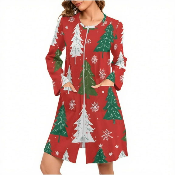Moxiu Long Sleeve Christmas Pajamas for Women 2026 - Xmas Theme Print Zipper Nightdress Side Slit Loose Home Pjs Multicolor,M