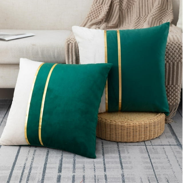 Juego de 2 fundas de almohada decorativas de terciopelo, parches blancos y verdes oscuros con fundas de almohada de cuero dorado, cojín de 18 × 18 pulgadas