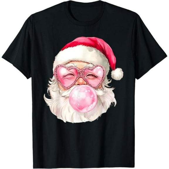 Pink Santa Sunglasses Graphic Tee, Vintage Christmas T-Shirt for Men, Soft Comfort Casual Top，Cute，cotton，black，S-5XL