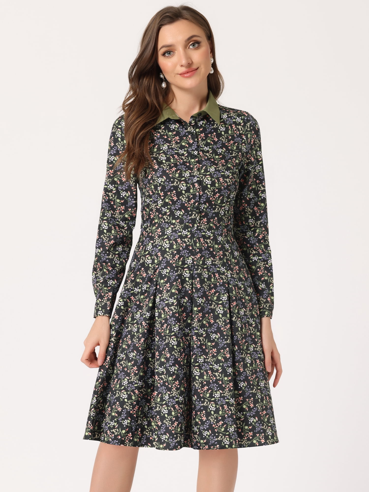 Unique Bargains Women's Floral Contrast Collar Belted Work Office Knee Length Dress L Blacks