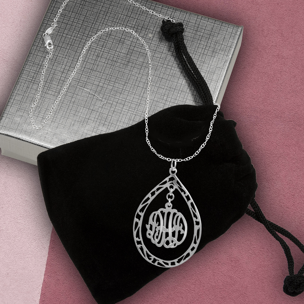 Personalized Teardrop Pendant Monogram Necklace in Sterling Silver or 14K Gold Plated Sterling Silver