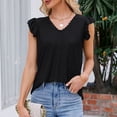 thumbnail image 3 of Black Women's V-Neck Ruffled Collar Short Sleeve T-Shirt, Hollowed Out Detail, Breathable Polyester, Perfect for Spring/Summer - Size S, 3 of 8