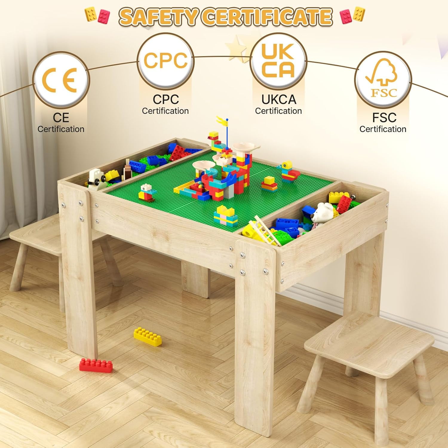Building Blocks Table with Storage for Kids, Wooden Table Fits Legu Bricks for Toddlers Ages 3+, Kids Activity Play Desk with 2 Chairs, 31.29''X 22.44''X 19.69'' ( Table Only)