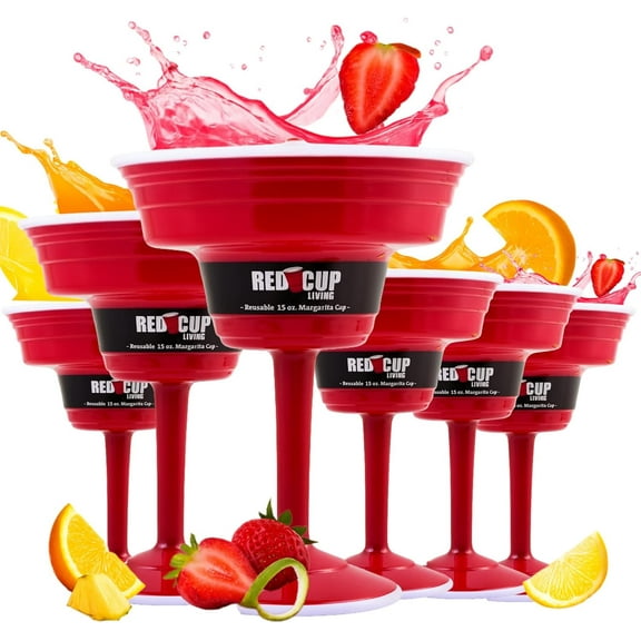 Reusable Red Plastic Stemmed Margarita Glasses, 15 oz, Drinkware Set of 6