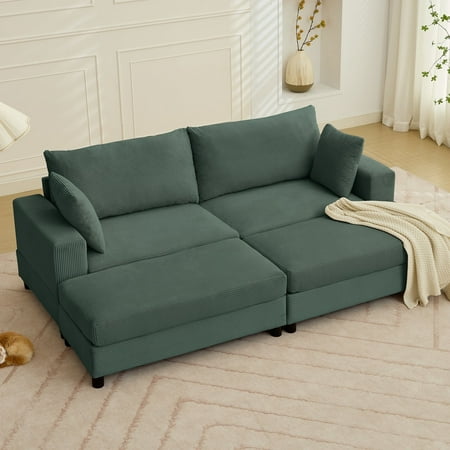 Mjkone 85”Sectional Sofa with Ottoman,2-Seater Oversized Corduroy Couch,Deep Seat Sectionals with Chaise for Living Room-Green