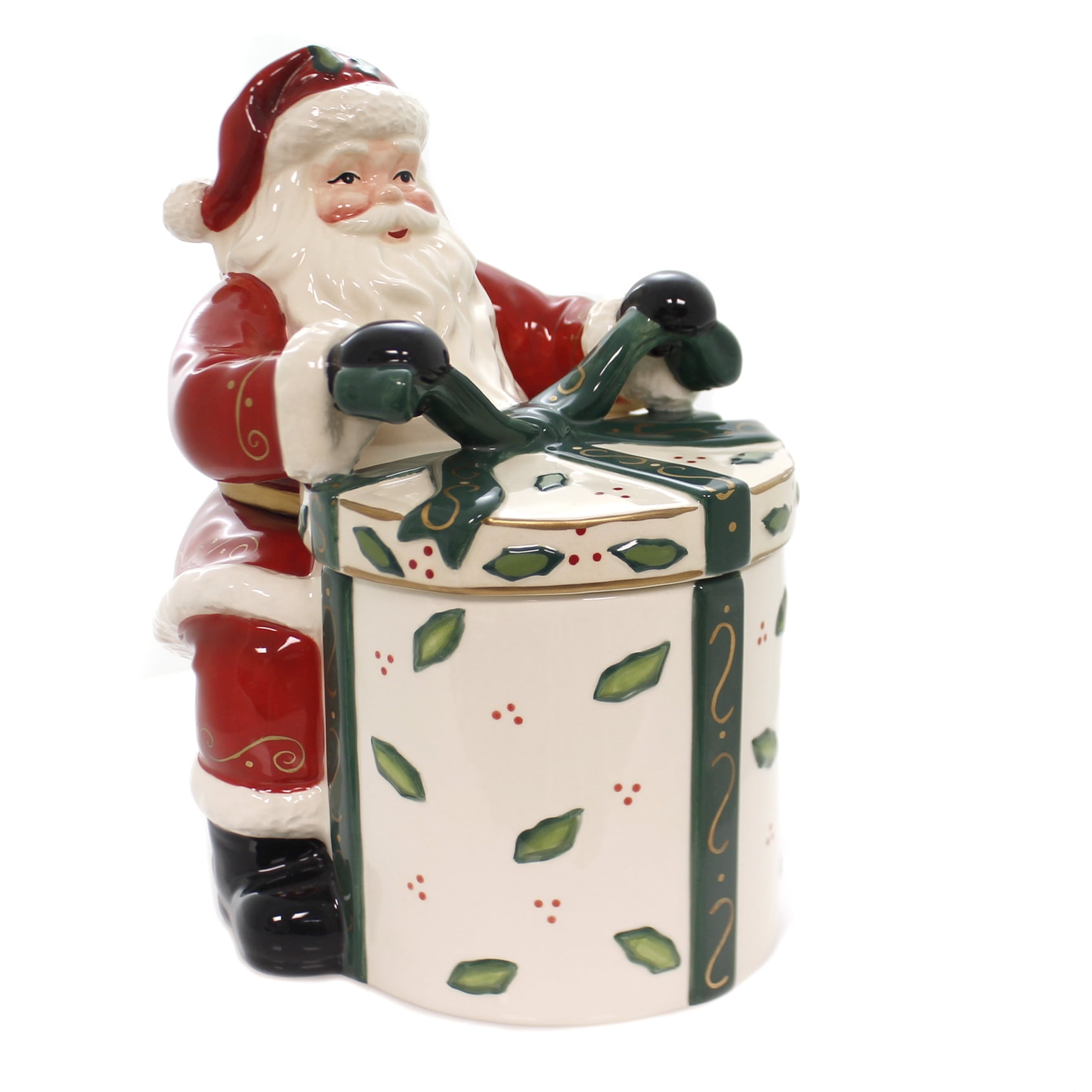 CG Santa Claus Tying Bow on Present Shaped Cookie Jar Collectible