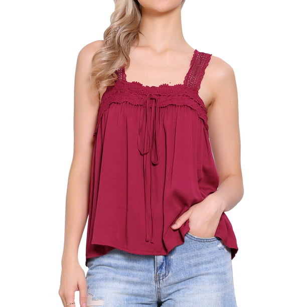 INSPIRAR CHIC Top de tanque para mujer con panel de encaje, cuello cuadrado, volantes, sin mangas, color rojo oscuro, XL