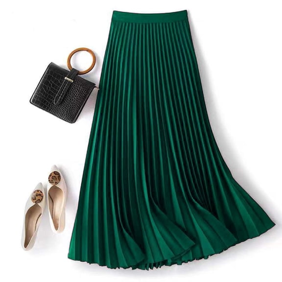 Joernso Women Midi Skirt Elastic High Waist Satin Pleated Skirt Solid Color Long Skirt Work Leisure Daily Wear