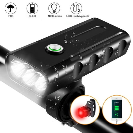 IPX5 Waterproof Bicycle Headlight Bike Light w/ Free Taillight, USB Rechargeable 3 LED 1000 Lumen 3 Switch Modes Bike Headlamp Road Cycling Front Rear Lights Safety Flashlight- Riding Hiking