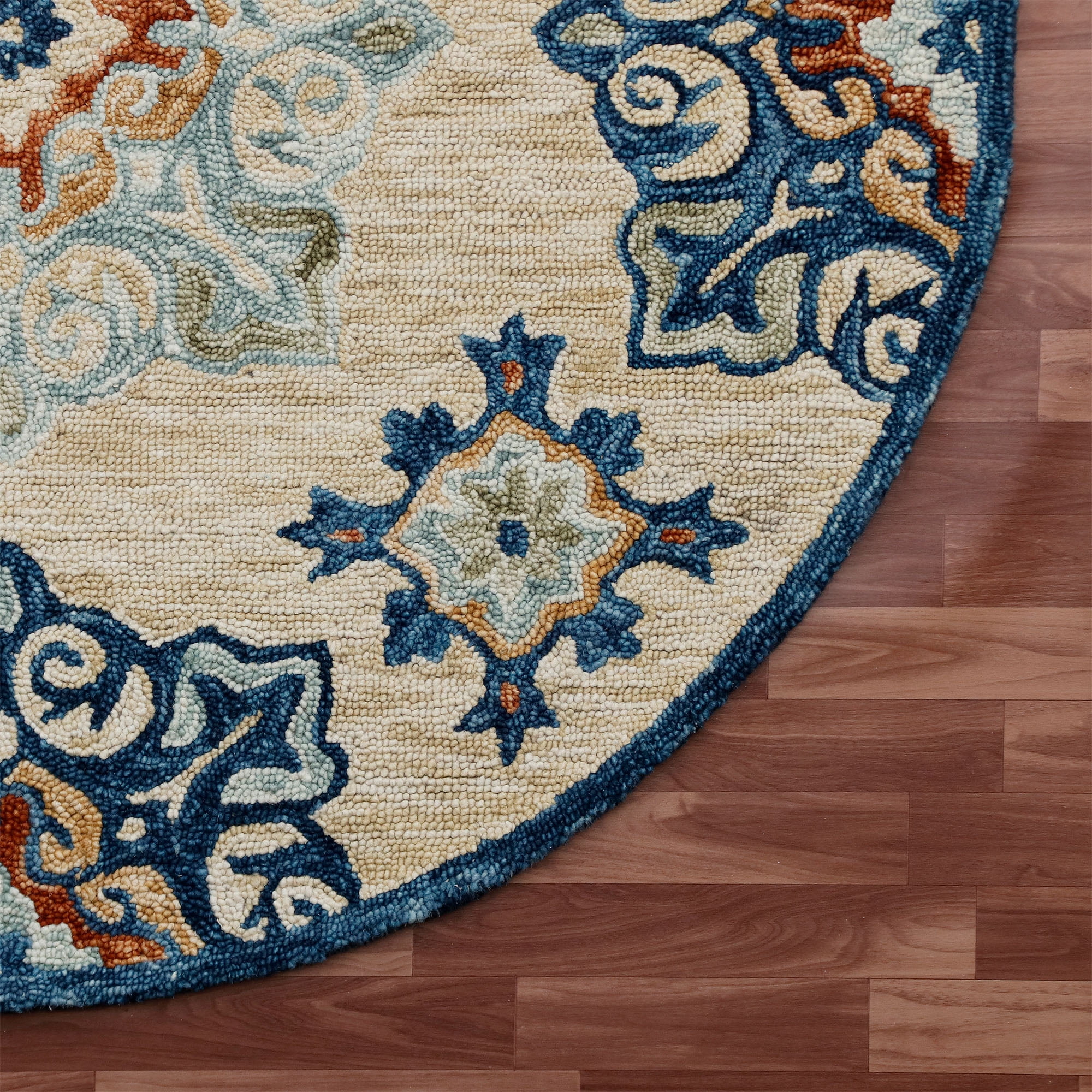 Elm & Oak Clio 3' Round Beige/Blue Medallion Handmade Wool Indoor Area Rug