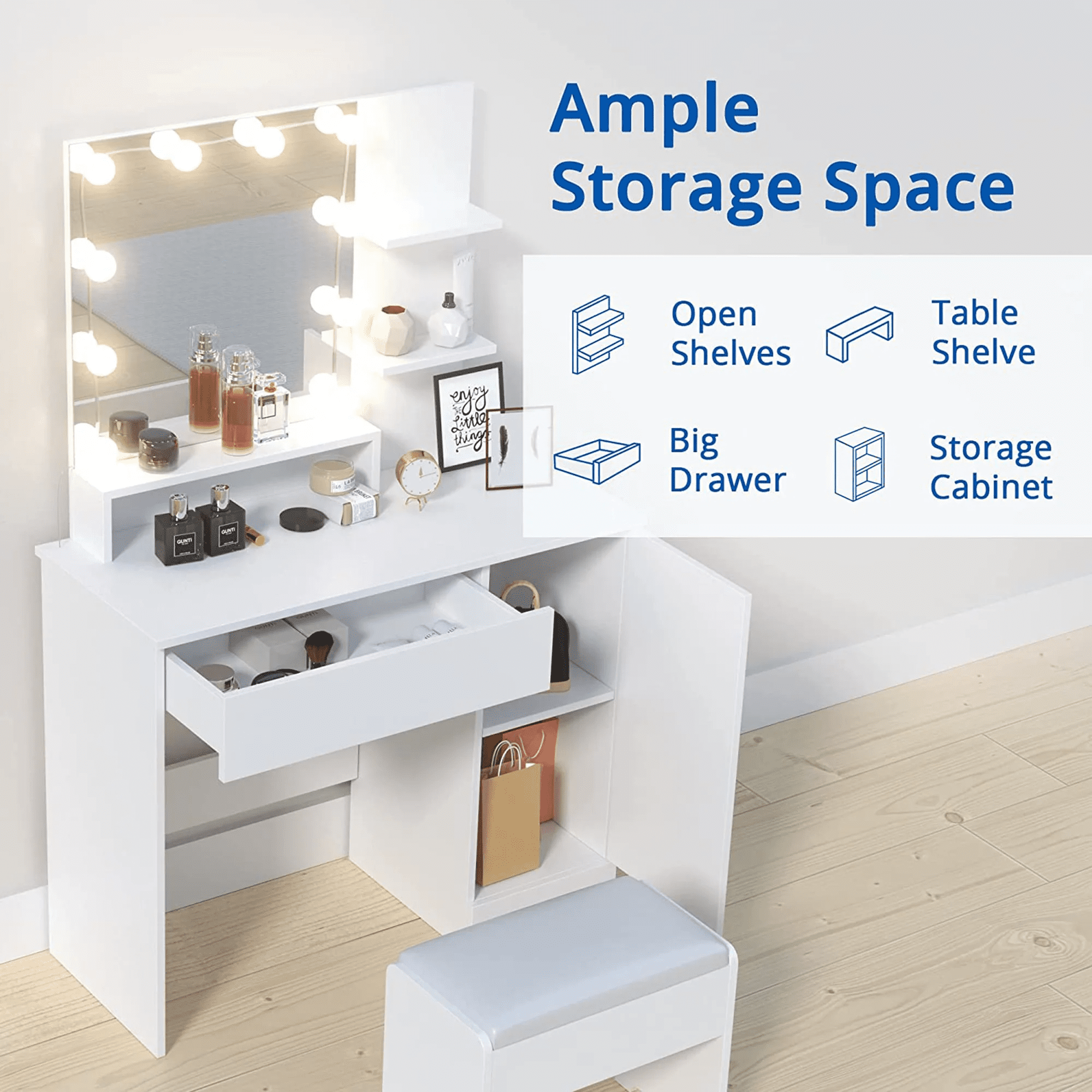 White Vanity Desk with Mirror & Lights,Makeup Vanity Table with Drawers & Storage Shelves for Bedroom