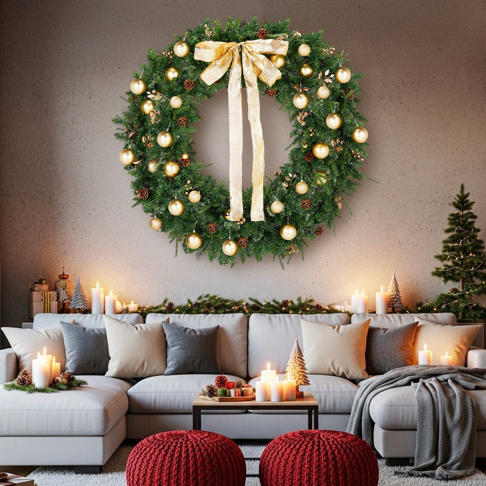 48in Pre-Lit Christmas Wreath with Remote Control 8 Modes and DIY Ornaments