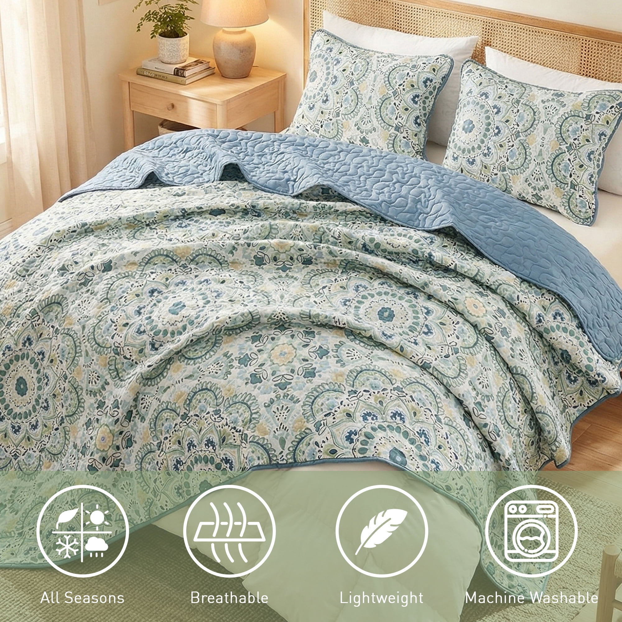 Regency Heights Twin/Twin Quilt Set, 3-Piece Reversible Bedspread Coverlet Set, Green Quilted Bedding Set with Shams for All Season