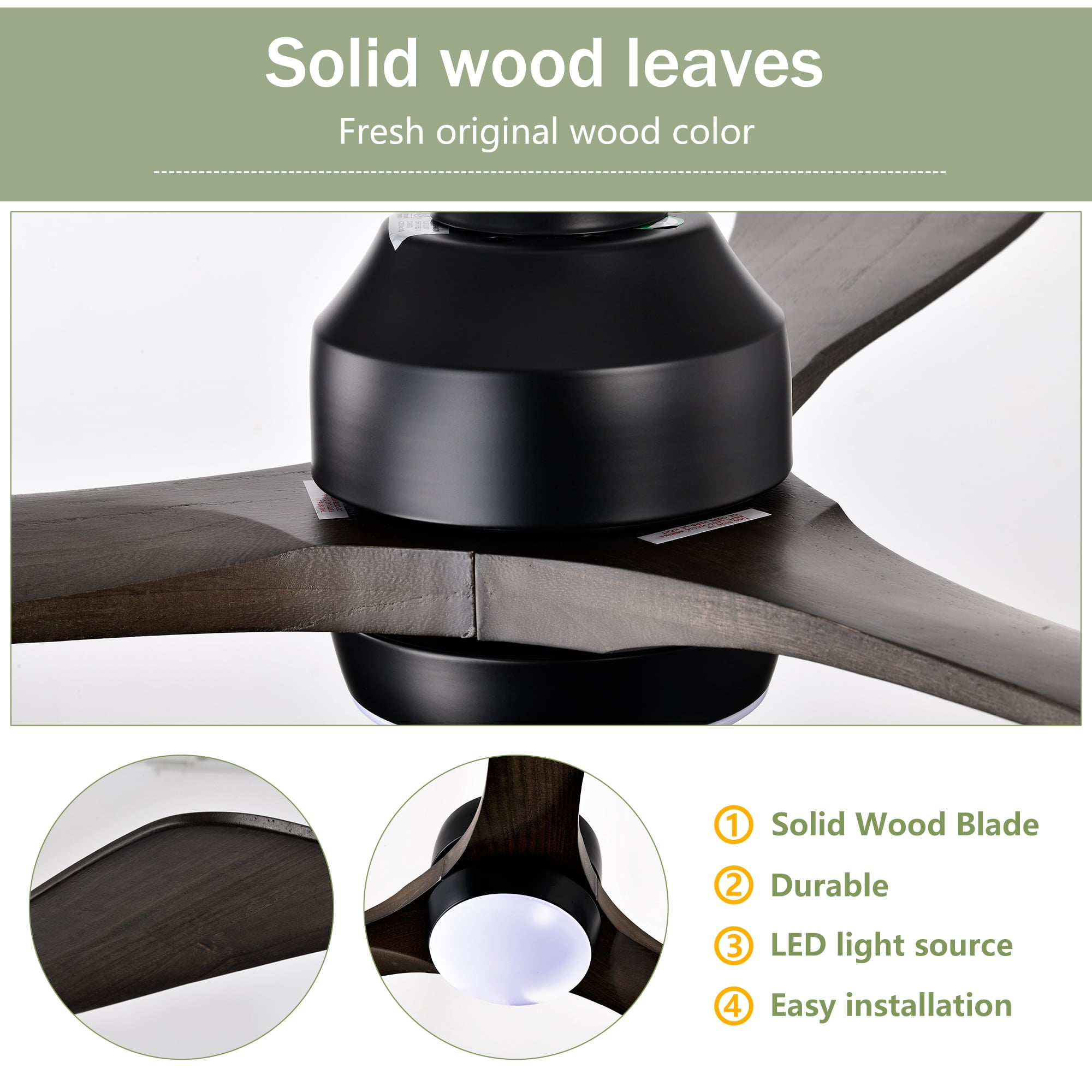 Leumius 52" Solid Wood Blades Ceiling Fan with Light and Remote Control,Quiet DC Motor 3 Blade Ceiling Fans 6 Speed Levels,Reversible for Patio Living Room Bedroom Office Black