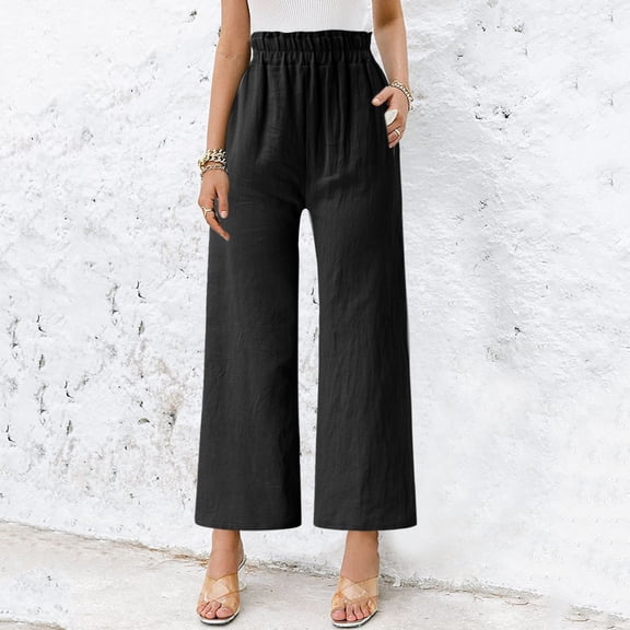 Huowey Capri Pants For Women Wide Leg Casual Pants Summer Loose High Waist Cropped Trousers Baggy Boho Flowy Comfortable Breathable Relaxed Palazzo Yoga Trousers ,Black,L