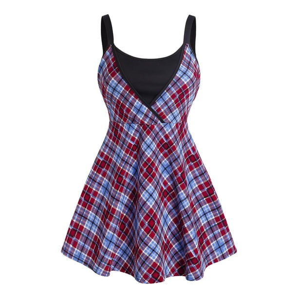 Tank Top de Falda de Talla Extra a Cuadros con Escote Pico Rosegal Camisetas tallas grandes