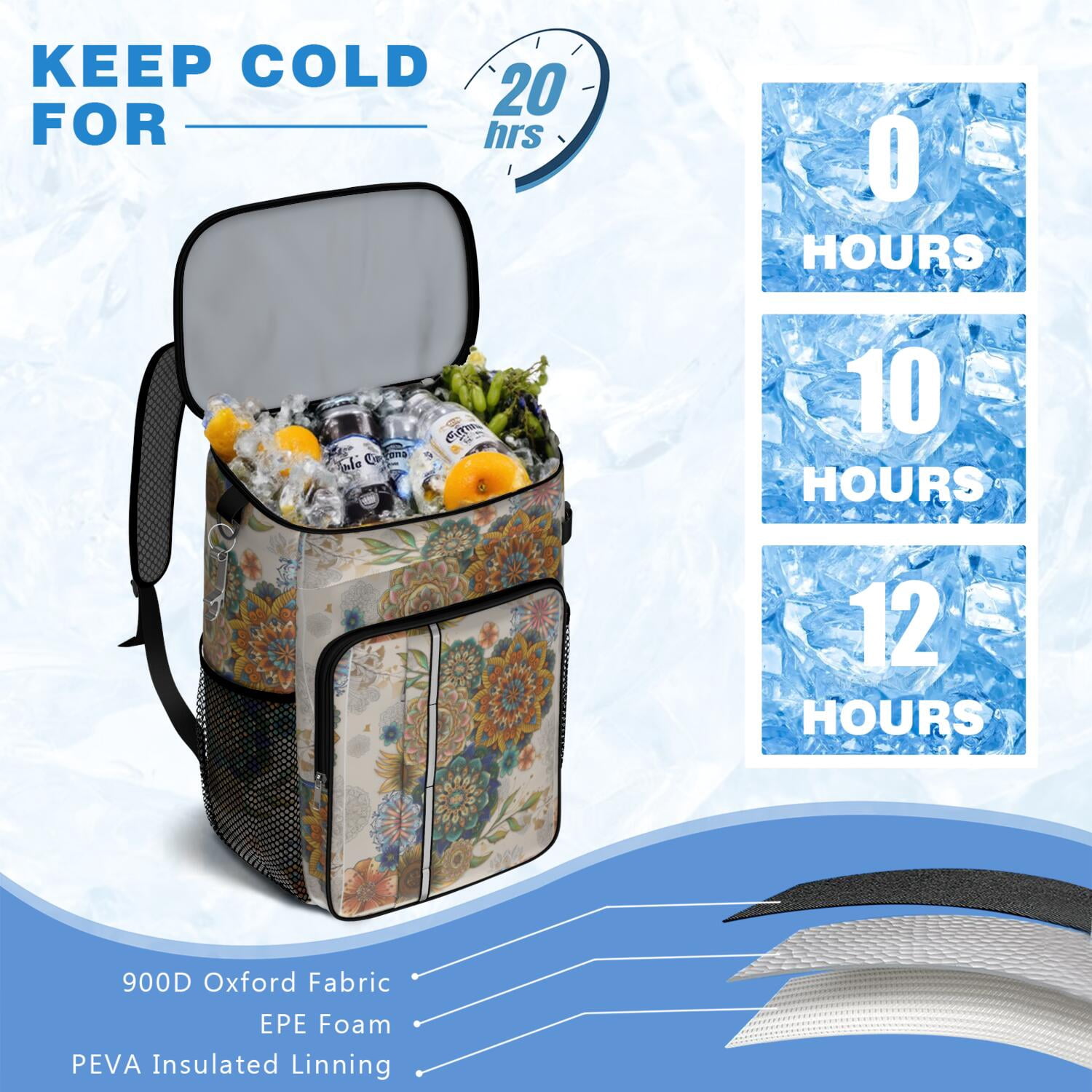 Travel Cooler Bag - Boho Bohemia Flower Camping Beer Cooler Backpack with Bottle Opener- Waterproof Insulated Picnic Backpacks - Cooler Bag for Beach