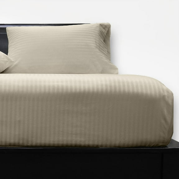 Sheetsnthings Made in USA- Pure Cotton Low Profile Sheet Set (7-10 Inches) 608 Thread Count, Queen Size Bed Sheets, Striped Beige