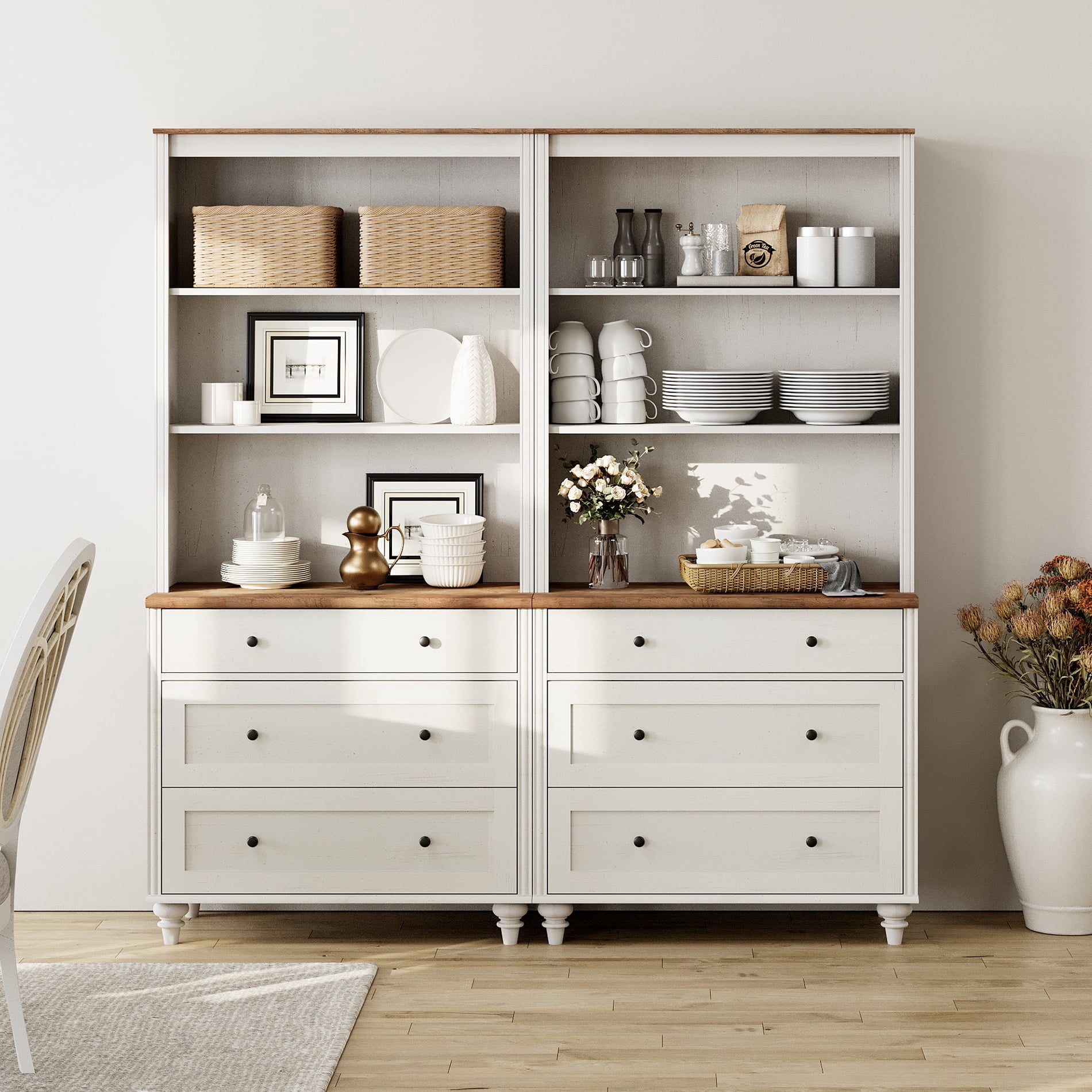 72" Bookshelf with 3 Drawers, Tall Bookcase Large Display Book Case Shelf with 3 Tier Open Book Shelves，Library Wooden Bookshelves for Living Room,Office, Bedroom, White (2PCS)