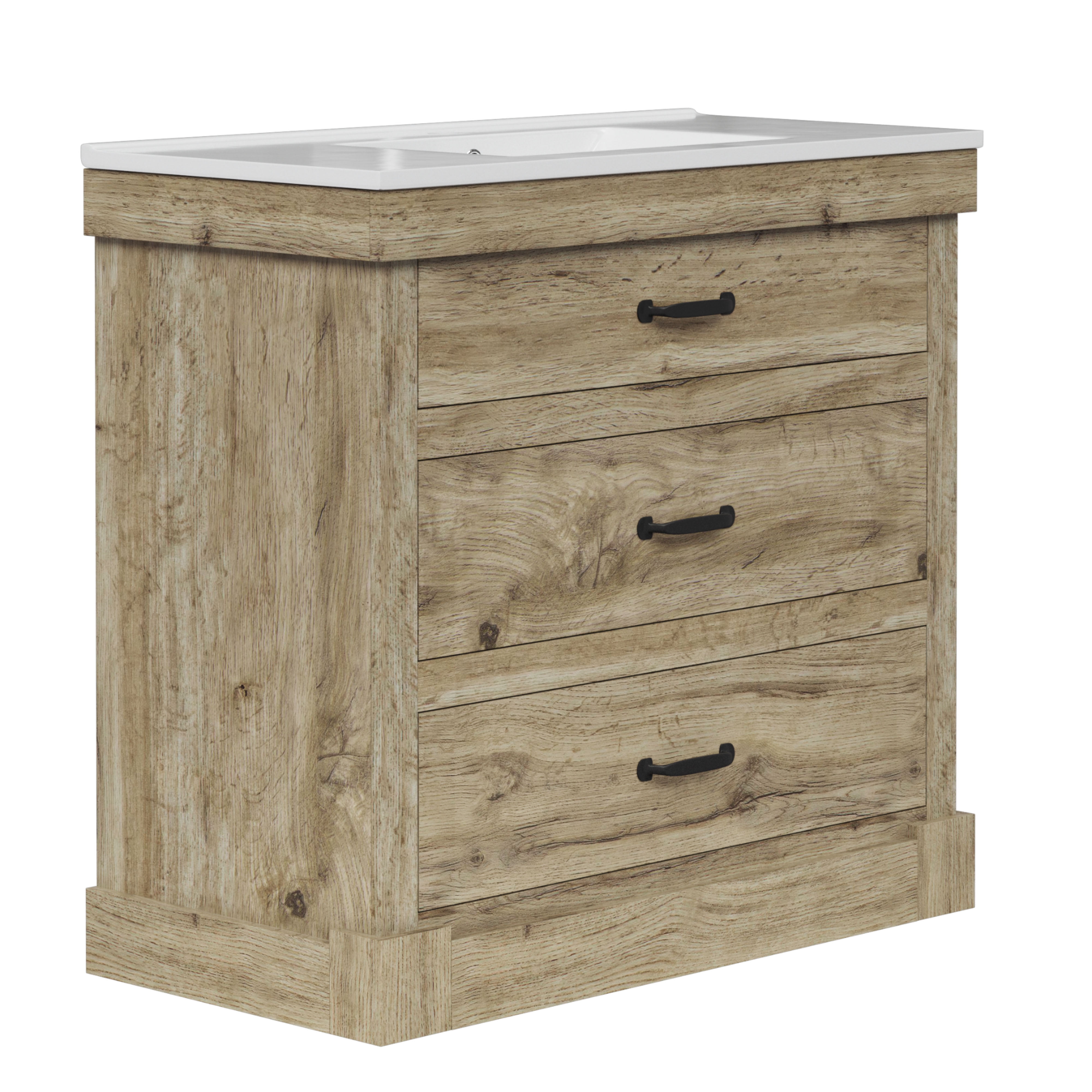 Teamson Home Donovan 36" Single Bathroom Vanity with Square Sink and Two Drawers, Light Oak