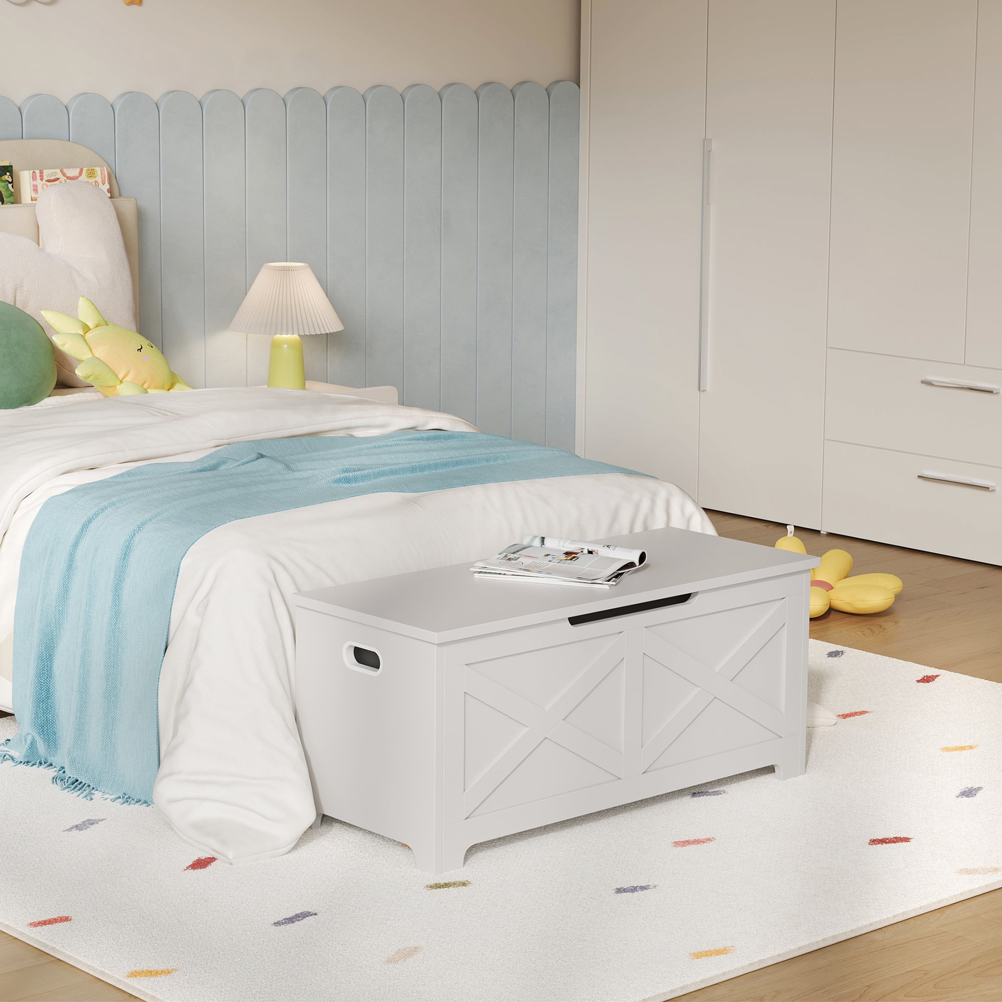 M optimized White Storage Chest, Storage Bench with Safety Hinge, Farmhouse Style Wooden Toy Chest for Entryway, Bedroom, Living Room