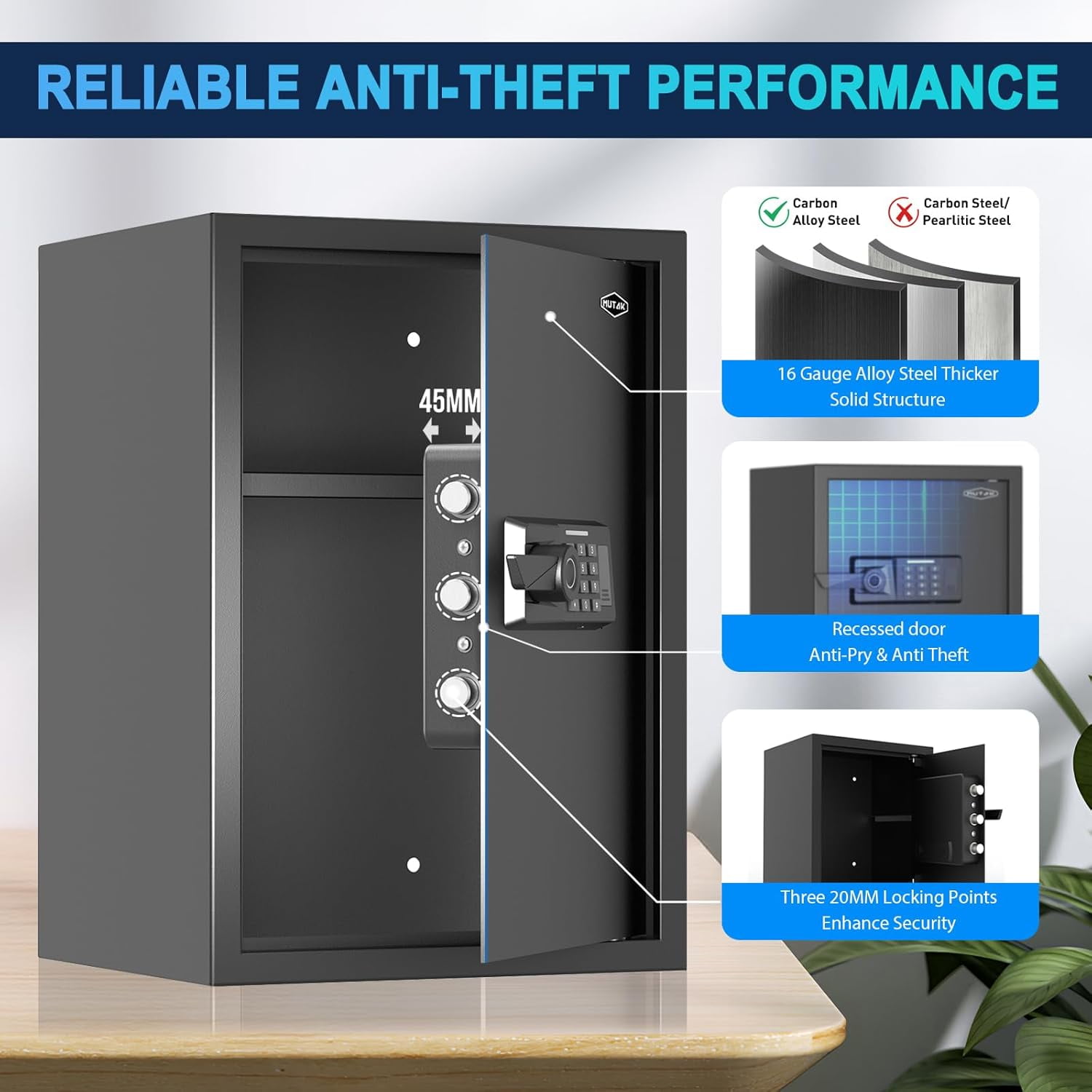 Mutak 2.0 CU.ft Electronic Biometric Safe Box with Fingerprint Lock, Home Safe Cabinet Security Box Digital Keypad Safe with Fireproof Bag