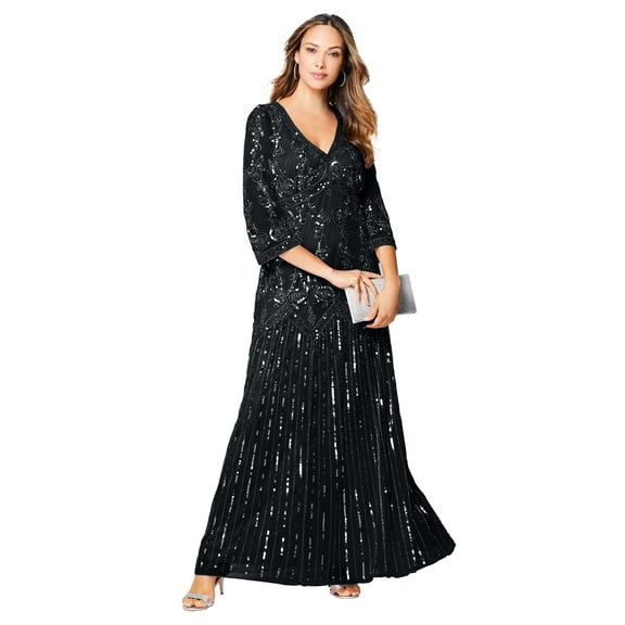 Roaman's Women's Plus Size Beaded V-Neck 3/4 Sleeve Sleeve Maxi Gown
