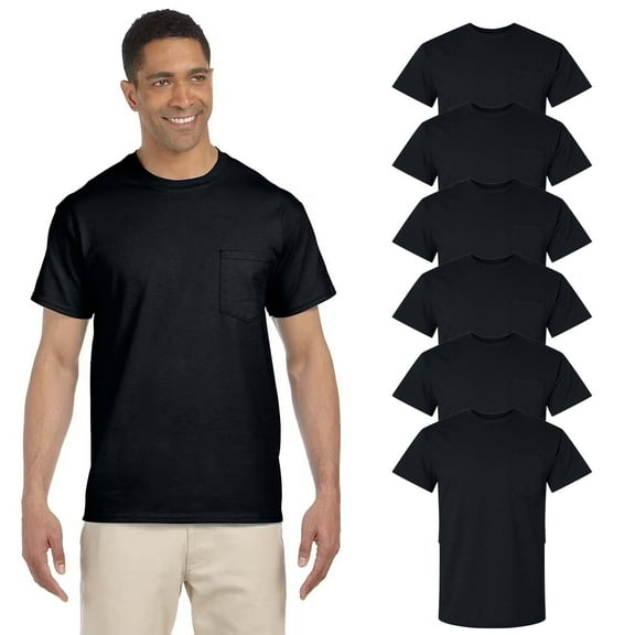 Gildan Crew Neck Pocket Tee, Men Short Sleeve Cotton T-Shirt, Black Color Bulk, 6-Pack, Sizes S-5XL