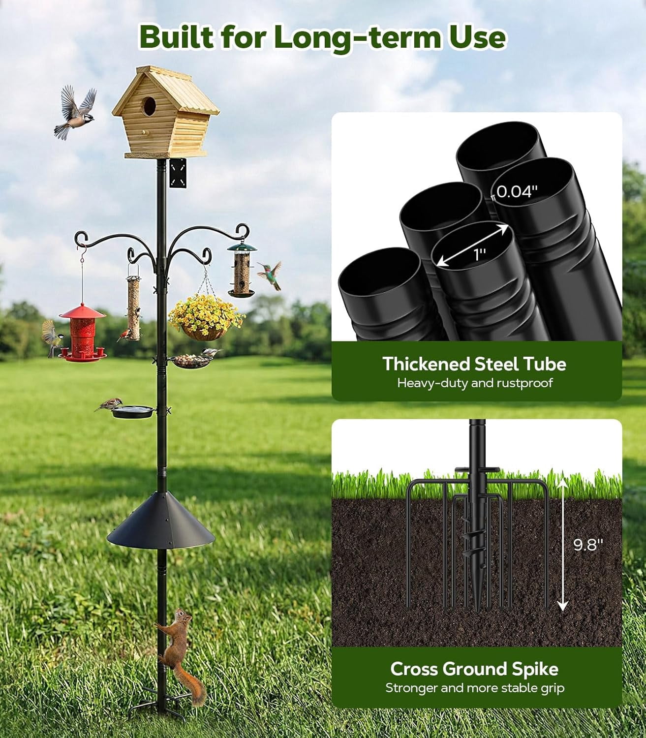Bird Feeder Pole, 92 inch Bird Feeding Station Heavy Duty with Squirrel Baffle and 9 Prong Base, Includes Water Bowl and Mesh Tray for Feeding, for Gardens and Courtyards, No Bird House, Black