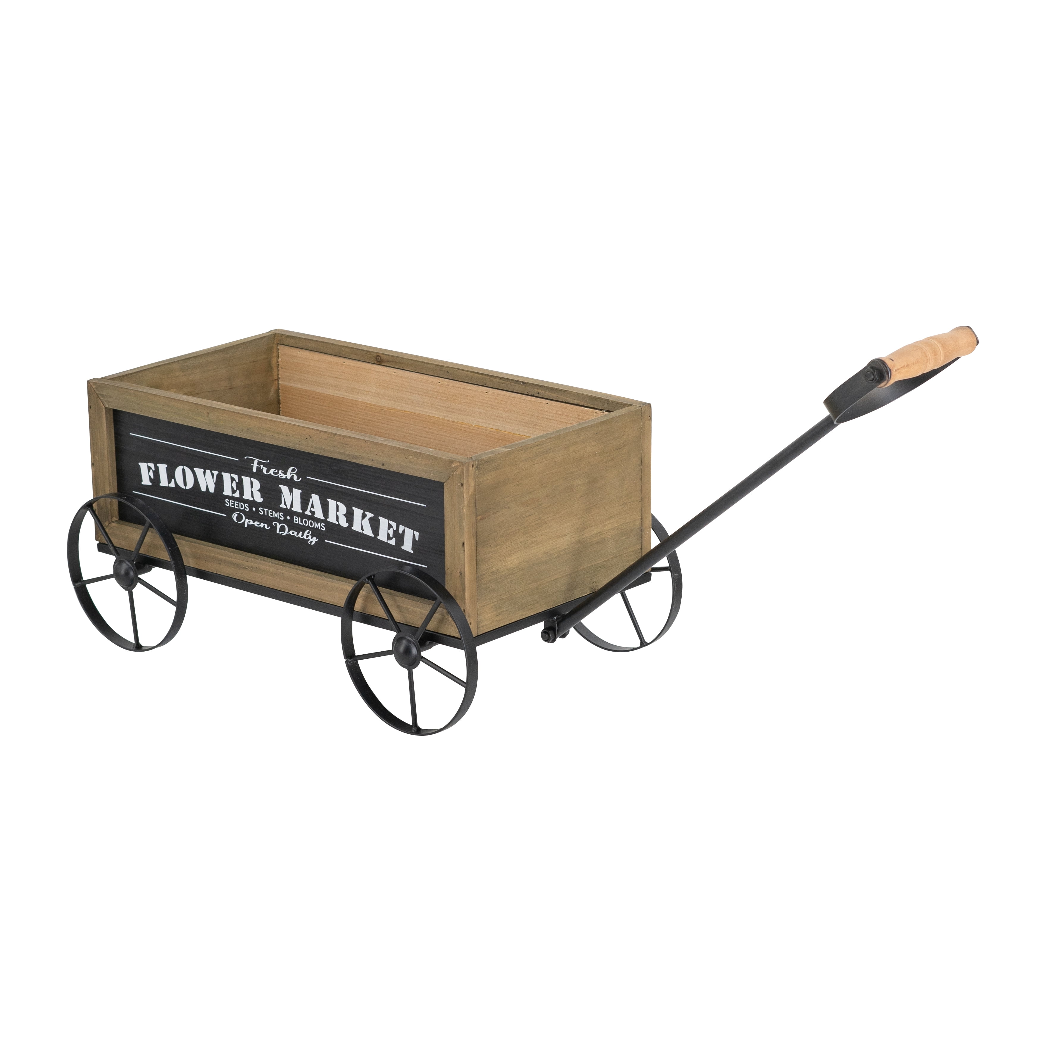 Farmhouse Flower Market Wagon Planter 16.5x9.5x8 Inch Black Metal Wheels for Tabletop Kitchen Counter