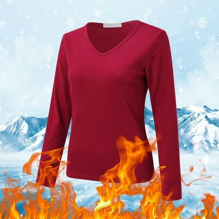 Clearance! Delayuji Women Thermal Top Crew Neck Fleece Lined Thermal Thermal Underwear Slim Tops Long Sleeve Thermal Shirts Winter Tops Womens Thermal Tops Long Sleeve Red Xl