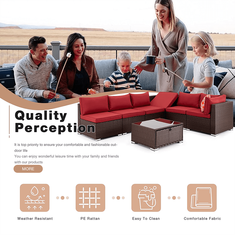 Orol 7-Piece Outdoor Sectional Wicker Patio Furniture Conversation Sofa Set, Wine Red