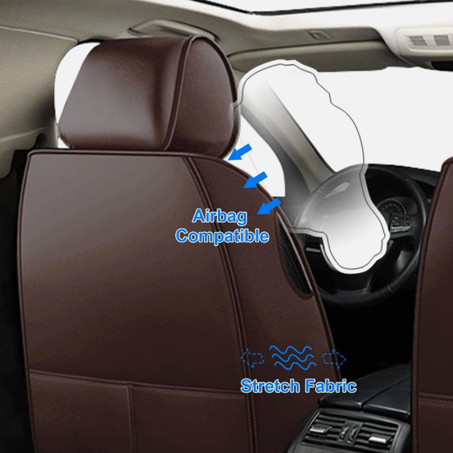 BaiCH Car Seat Covers, Breathable and Waterproof Faux Leather Automotive Seat Covers for Cars SUV Truck Sedan,Universal Anti-Slip Driver Seat Cover with Backrest (Full Seat, Brown)