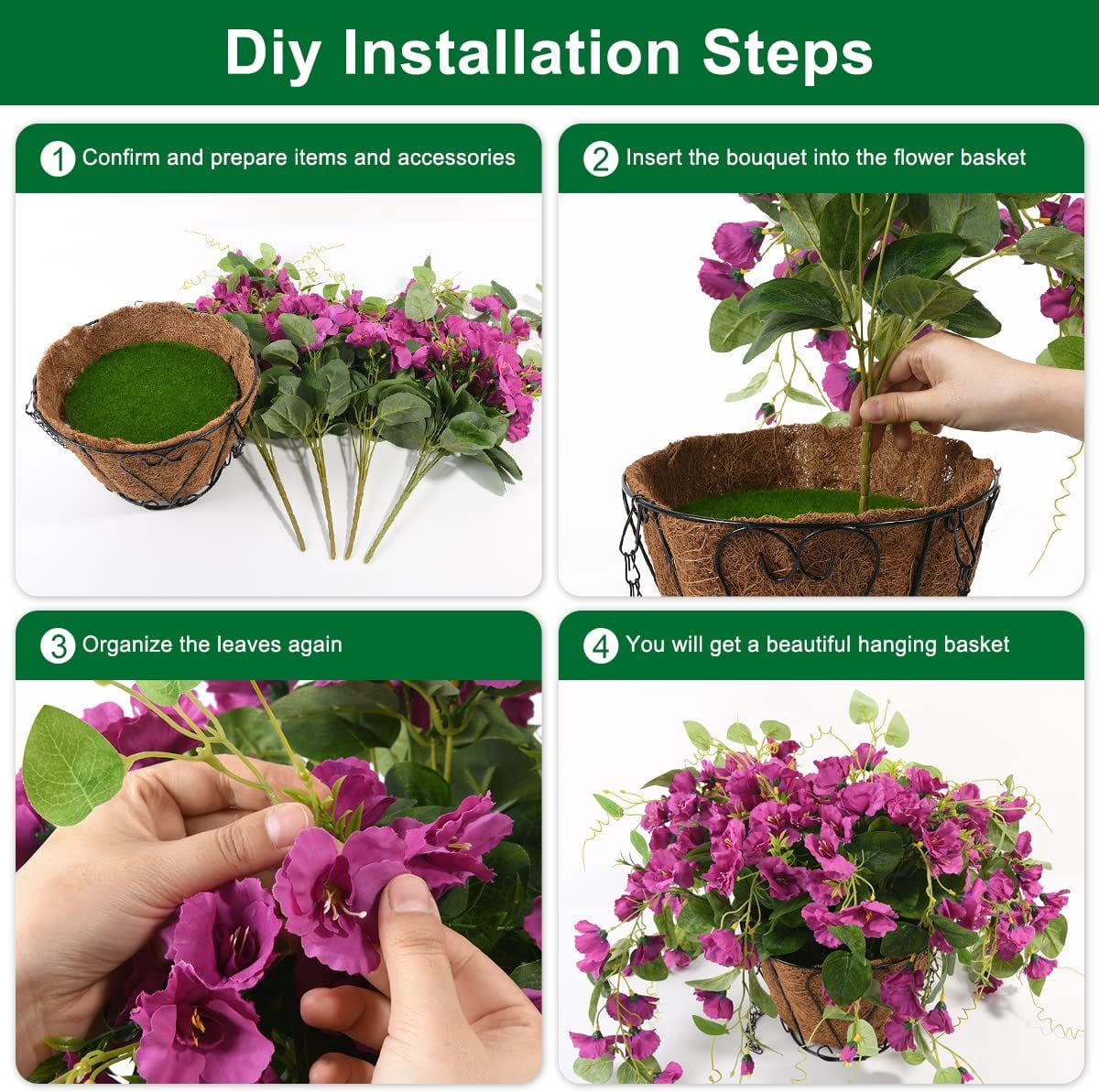 Artificial Hanging Flowers Basket,Fake Hanging Plant,4 Packs Faux Flower Daisies Coconut Lining Hanging Baskets for Patio Garden Porch Deck Decoration(Red)