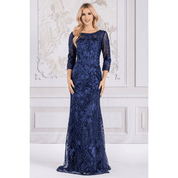 Women's Amelia Couture Mother Of Groom Dress Boat Neck Sheath Gown 7045-New Collection Navy Blue 16