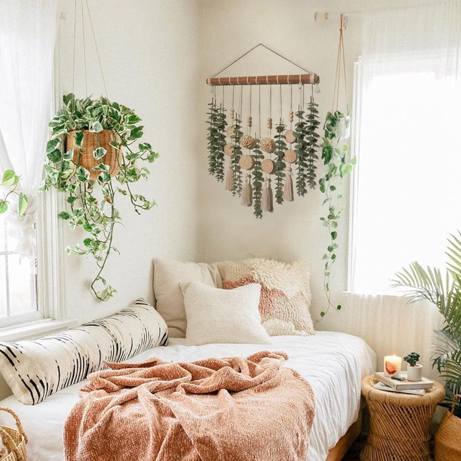 Artificial Eucalyptus Decor Boho Wall Decor Fake Eucalyptus Farmhouse Wall Hanging Greenery Vines Leaves Wall Hanging Plants on 16.5 inch Wooden Stick with Wicker Ball for Bedroom Nursery Kitchen