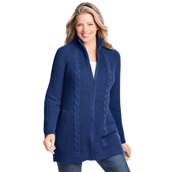 Woman Within Plus Size Cabled Zip-Front Cardigan Sweater