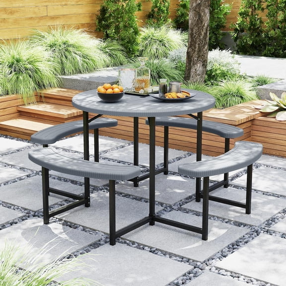 Gray Round Picnic Table Bench Set with 4 Benches and Umbrella Hole for Patio Lawn