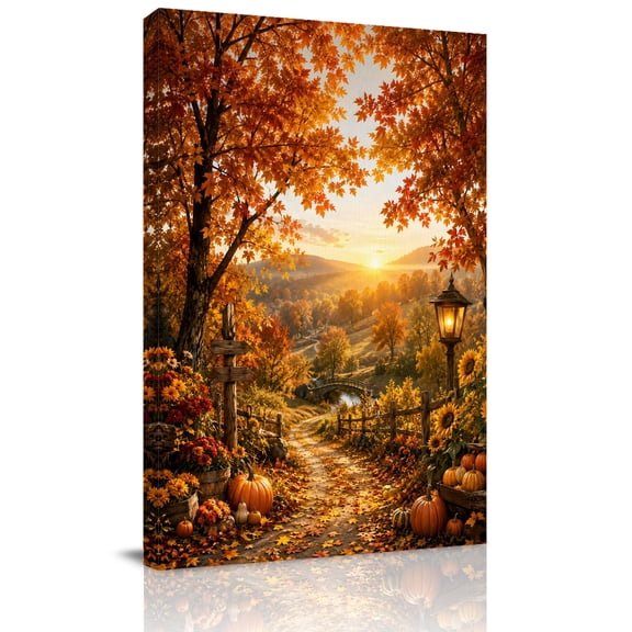 Canvas Wall Art, Fall Framed Canvas Prints for Bedroom Living Room, Autumn Farmhouse Country Pumpkins Maple Leaves Large Gallery Wrapped Wall Decor for Home Office, Gifts, 18"x24" Ship Next Day