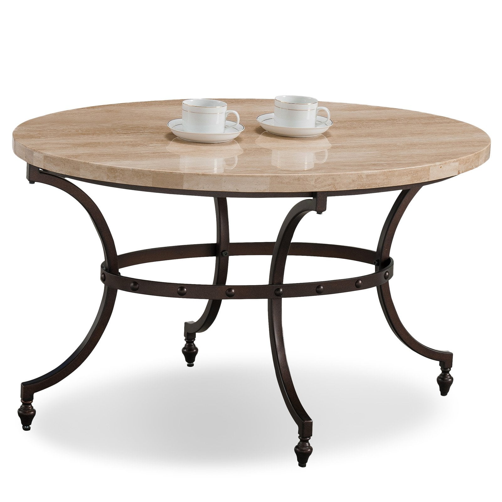 Leick Home Oval Travertine Stone Top Coffee Table With Rubbed Bronze Metal Base