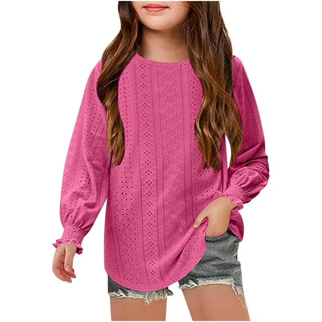 LYHaoo T-Shirts à Manches Longues pour Filles, Coupe Ample Décontractée, Col Rond, Blouse Ajourée, T-Shirt pour Adolescentes, Confortable et Respirant, Tenue Quotidienne, Blouse à Imprimé Mignon, Tailles 14-16 Ans