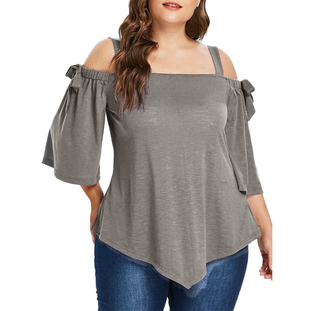 Womens Plus Size Blouse Strappy Half Sleeve Cold Shoulder Backless Buttons Ruched Tunic T-Shirt 