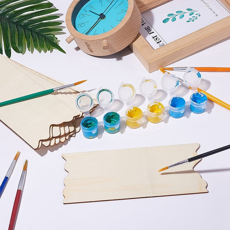 DIY Colored Drawing Wood Crafts with Wood Cabochons Plastic Art Brushes Pen Value Sets & Empty Paint Palette Mixed Color 178~200x5~7mm for DIY