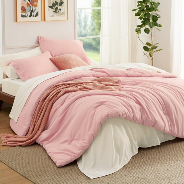 Juego de Edredón Bedsure Queen Rosa 7 Piezas para Todas las Estaciones