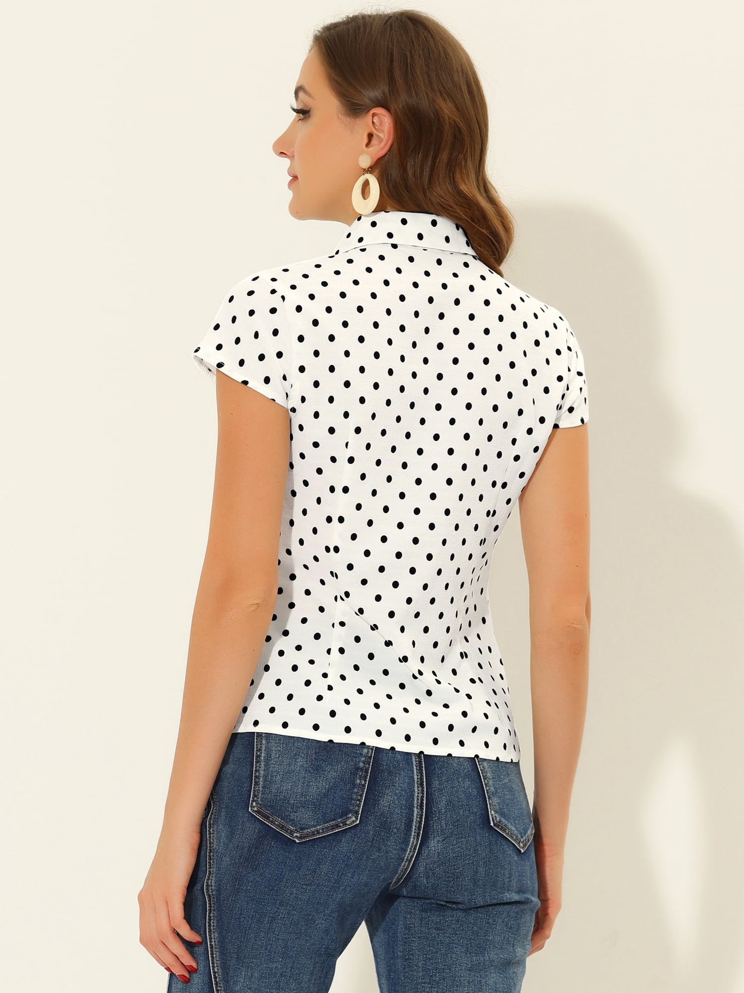 DARING DIVA Women's Retro Point Collar Short Sleeve Polka Dots Shirts L White